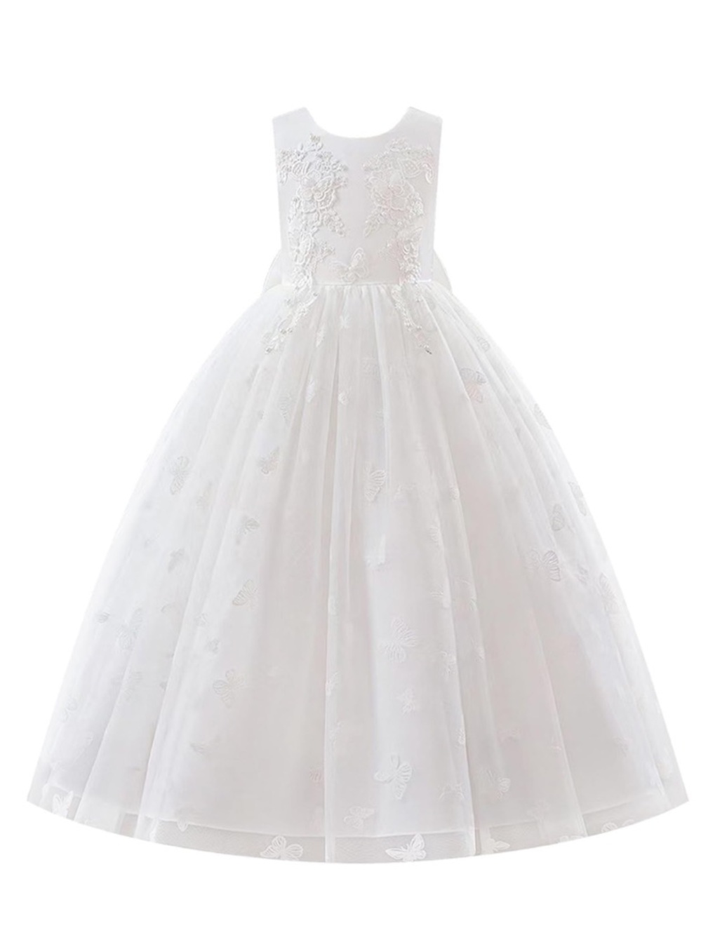 White Floral Embroidered Tulle Flower Girl Dress